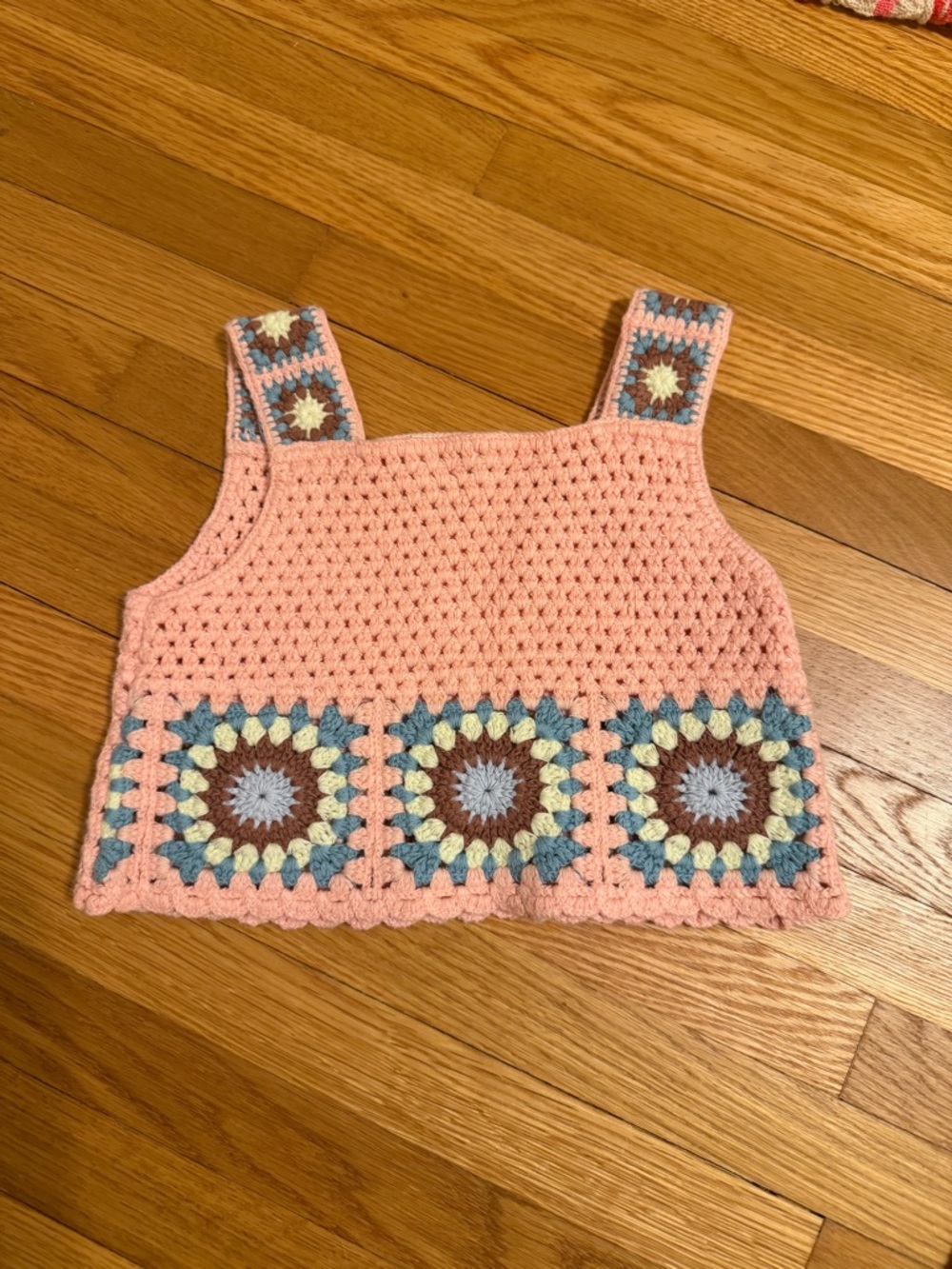 Zara Pink Crochet Tank Top with Multicolor Granny Squares